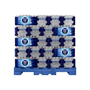 Stacked pallets of bottled water in plastic packaging.