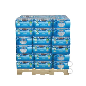 Pallet loaded with multiple packs of bottled water.