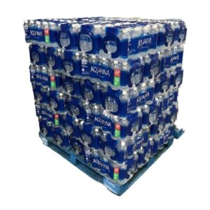 Pallet stacked with cases of bottled water.