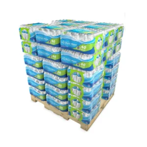 Large pallet stacked with packs of bottled water wrapped in plastic.